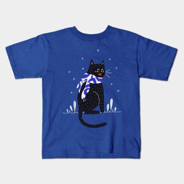 Black Cat with big lips Kids T-Shirt by London Colin